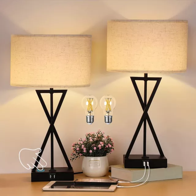 Set of 2 Table Lamps 3 Way Dimmable Touch Control Desk Lamp w/USB Ports & Outlet