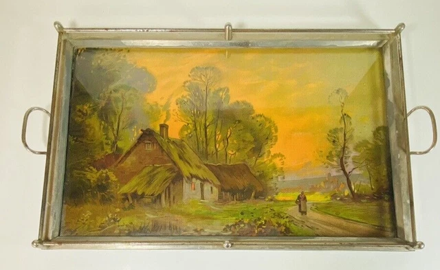 Plateau De Service Art Déco En Métal Et Verre Peint - Vintage France