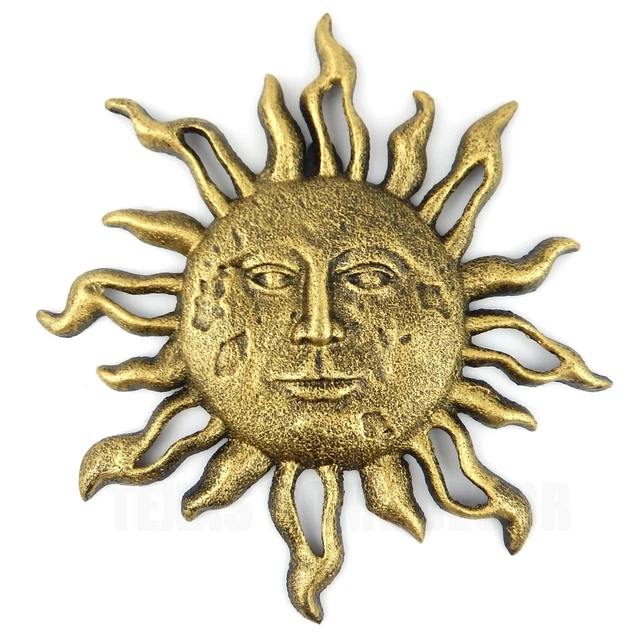 Cast Iron Sun Face Rays Wall Decor Heavy Duty Rustic Antique Gold Patina