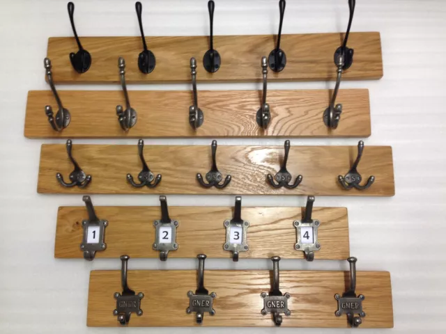 Solid Oak Wooden Coat Rack Rail Cast Iron 7 different Hooks Handmade to order