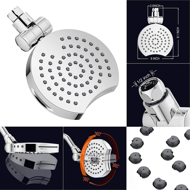4 Settings Rain Shower Head 6 in Stainless Steel High Pressure Wall Mount Fixed