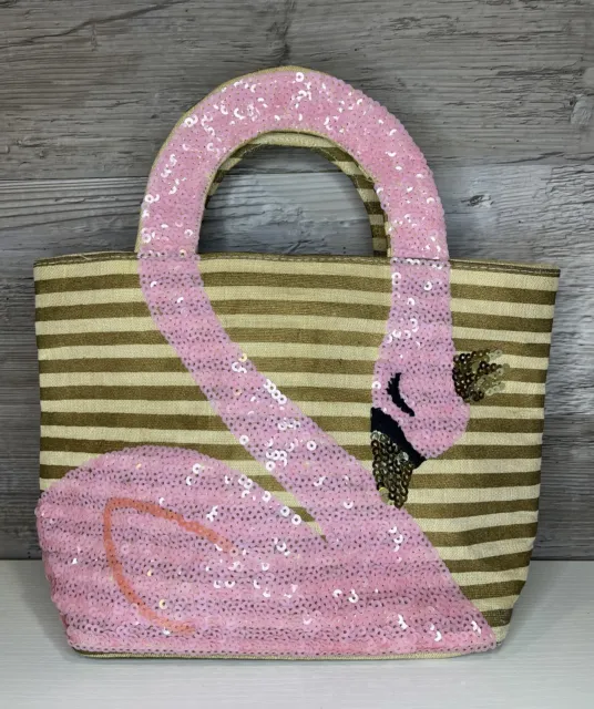 Mud Pie Pink Swan Princess Gold Crown Sequin Dazzle Jute Tote Bag Purse Girls