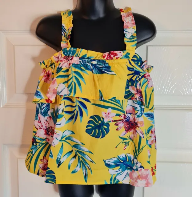 💛 Bnwt Girls Yellow Floral Frill Strappy Summer Top Age 11-12 Years