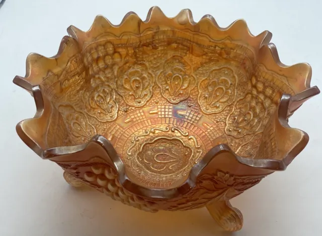 Excellent Large Fenton Two Flowers Footed Marigold Carnival Glass Bowl