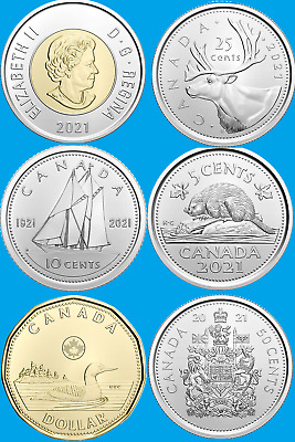 Complete Set of Six 2021 Canada Coins. Mint UNC $2 $1 50c 25c 10c, 5c, Loon Toon