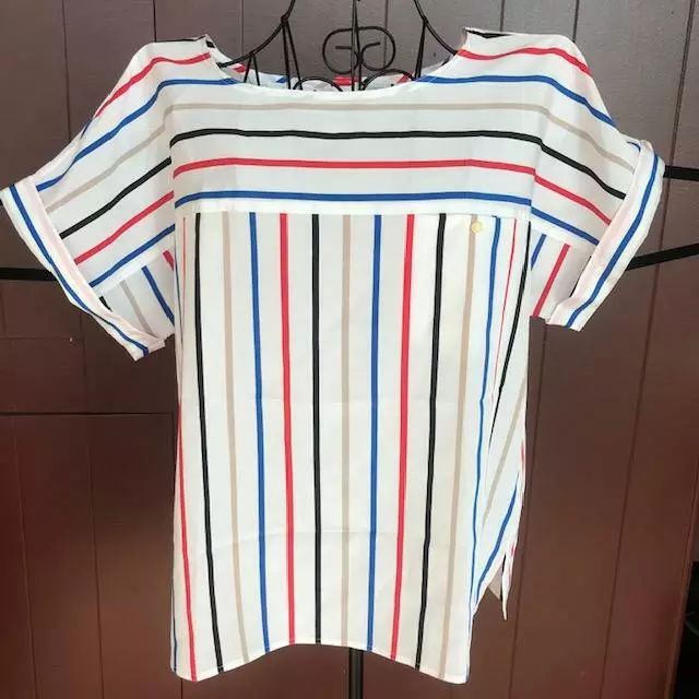 Vintage Print Top  Shirt Womens XL/L 80s 90s Crop Blouse Stripe Red White Blue
