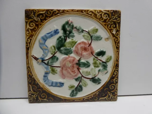 Antique Majolica Art Nouveau Tile Floral Design   Stamped 159