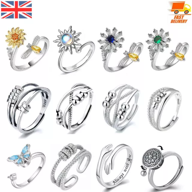 Unisex Anti Anxiety Rings Silver Adjustable Anxiety Relief Spinning Fidget Ring