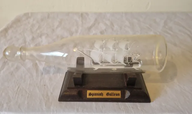 Vintage Glass Spanish Galleon Ship in a Bottle on Wood Plinth Base