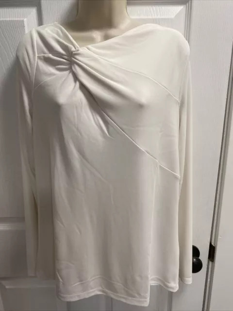 Beautiful LN Donna Karan Sz Large Ivory Twist-Front Stretch Jersey  Long Sl Top