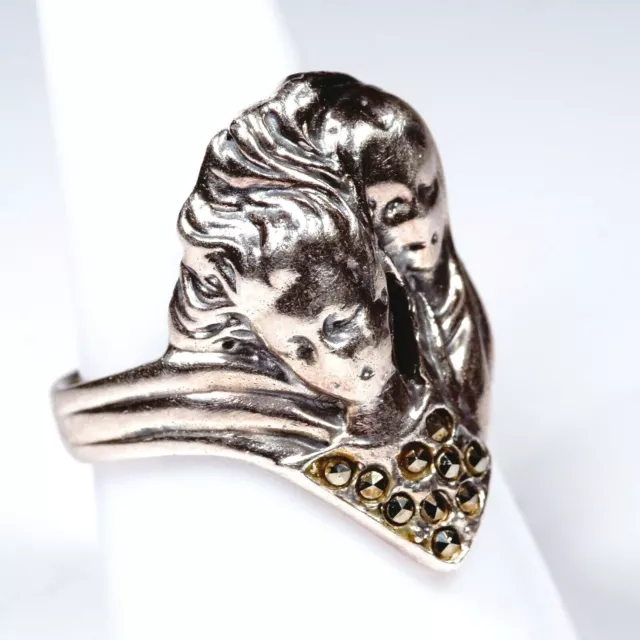 Ring Jugendstil-Stil 925 Silber Markasite zwei Frauen Silver Art Nouveau Style