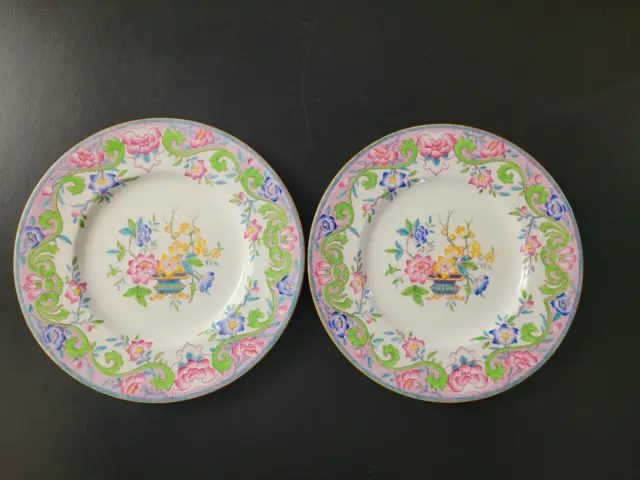 Lot of 2 Mintons Blue and Pink Floral Urn 9" Luncheon Plates Beautiful Colorful
