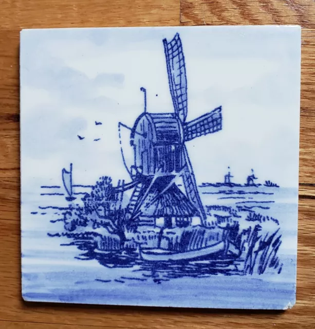 BLUE DELFT Ceramic Hand painted Tile Windmill Canal Scene 4" Square Holland