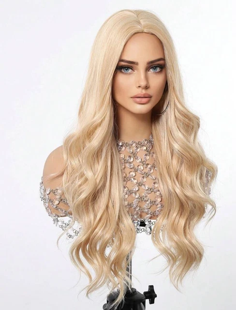 Perruque Synthétique Longue Blonde Dorée Claire - Bouclée, Style Naturel - Taille Moyenne Avec Bonnet Monofilament