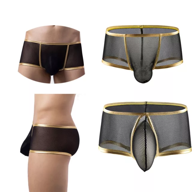 Men Pouch Panties Bulge Booty Shorts Gold Trim Boxers See Through Nightwear 2