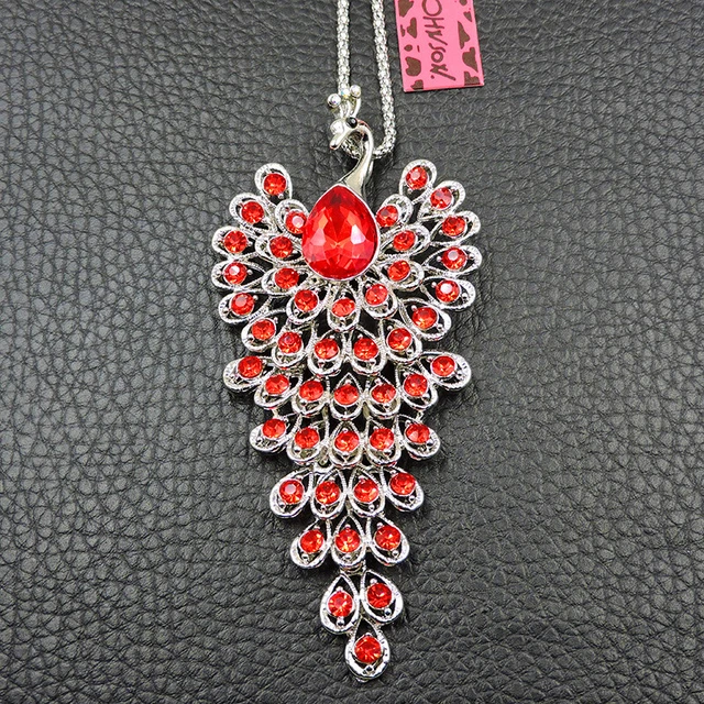 Betsey Johnson Woman's Red Crystal Rhinestone Peacock Pendant Chain Necklace