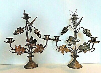 Pair of French Antique Gilt Bronze Church Altar Candelabras Wheat Lillys Grapes