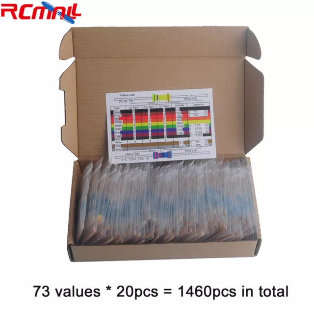 1460pcs 1/4W Metal Film Resistor Kit Assortment Set 73Value Labelled 1%Precision