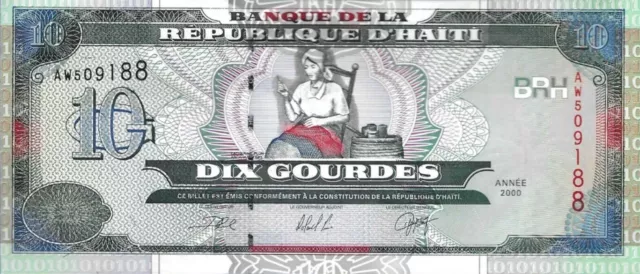 Haiti Year 2000. Banknote 10 Gourdes Haiti Uncirculated Catherine Flon Aroamaie
