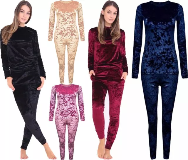 New Womens Ladies Velvet Velour Crushed 2Pc Jogging Top Loungewear Tracksuit Set