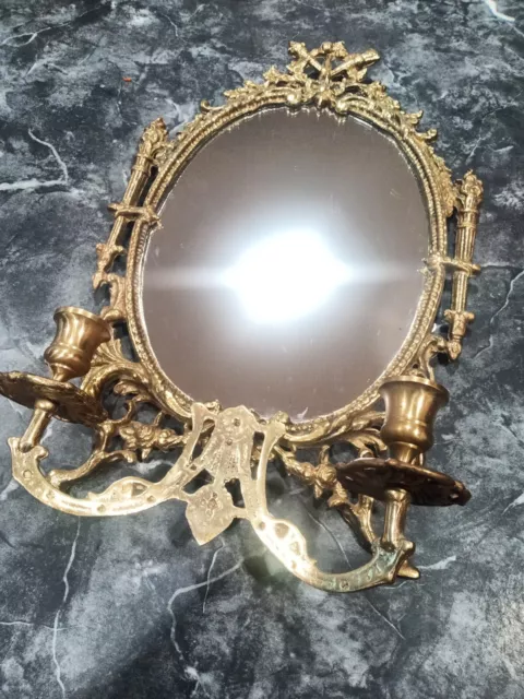 Vintage Solid Brass Mirror Candelabra Wall Sconce