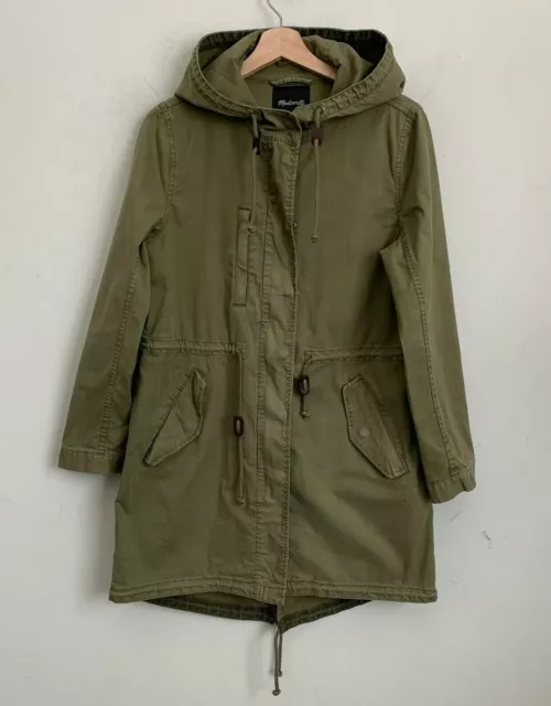 Madewell Tilden Jacket Army Military Green 3/4 Length Hood Zip Snap Cotton Sz S