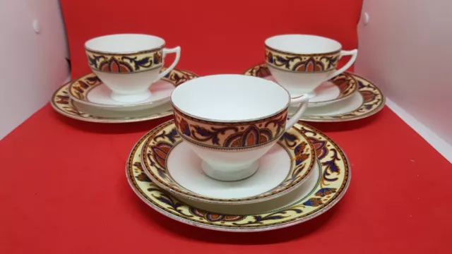 3 x Radfords Crown China Art Deco Tea Trios Cups Saucers and Side Plates. 5875