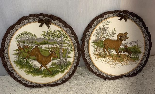 2 Tela Vintage Enmarcada 3D Arte Ciervo Cimarrón Oveja Ram Cabina Arte Chic 15"" Usado en Excelente Condición