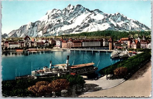 Luzern Und Pilatus Lucerne Switzerland ~ Mountain Alps Buildings Ships Postcard