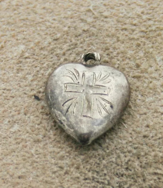 VINTAGE STERLING SILVER PUFFY HEART CHARM - Chased Cross with Engr. "Betty"