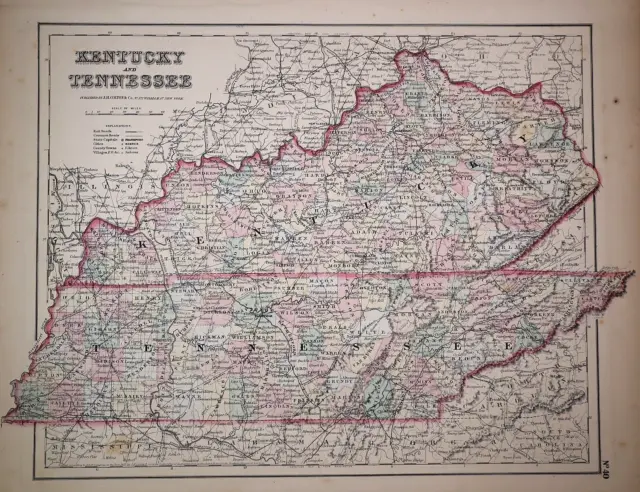 1857 Colton Atlas Map ~ KENTUCKY - TENNESSEE ~ (14x17) ~ Free S&H -#511