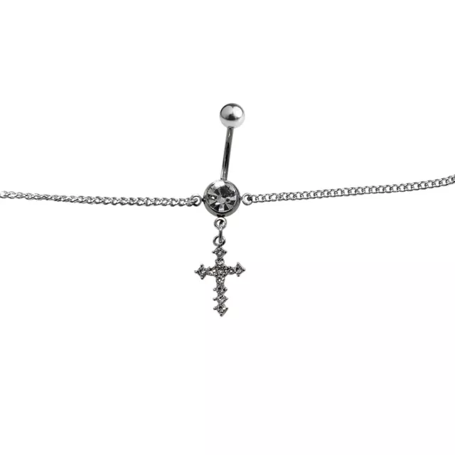 Belly Chain Navel Ring Surgical Steel Waist with CZ Paved Cross Dangle 14G