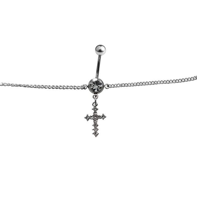 Belly Chain Navel Ring Surgical Steel Waist with CZ Paved Cross Dangle 14G