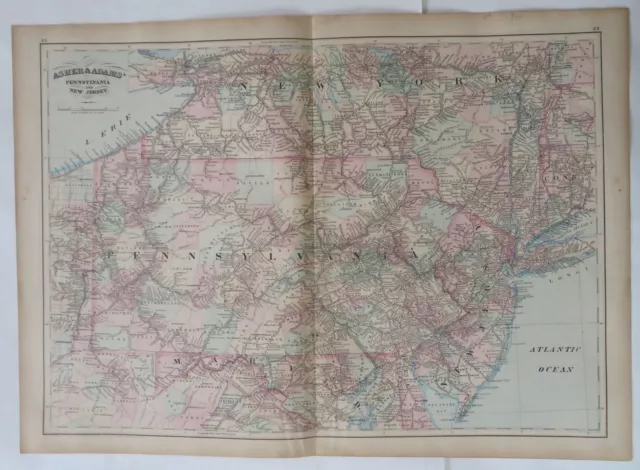 Pennsylvania & New Jersey 1872 fine large hand colored Asher & Adams state map