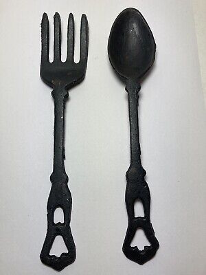 Cast Iron Fork and Spoon Utensils-Farmhouse, Rustic Kitchen Wall Decor 9.25”