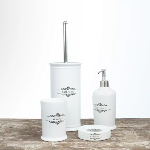 Set Accessori Bagno Porta Sapone Spazzolini Dispenser Scopino Vittoria Bianco