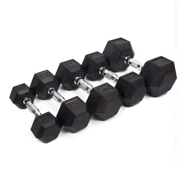 HEX DUMBBELLS PAIRS Rubber Encased Cast Iron Gym Dumbbell Hand Weights ...