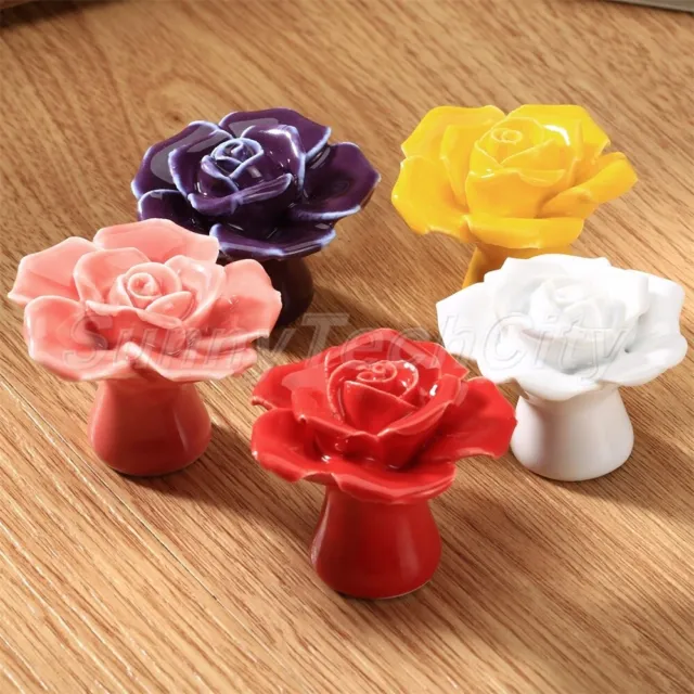 2× Ceramic Rose Flower Door Knobs Drawer Cabinet Cupboard Kitchen Pull Handles
