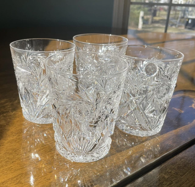 VTG American Cut Clear Crystal Tumblers Pinwheel Fan Whiskey Glasses