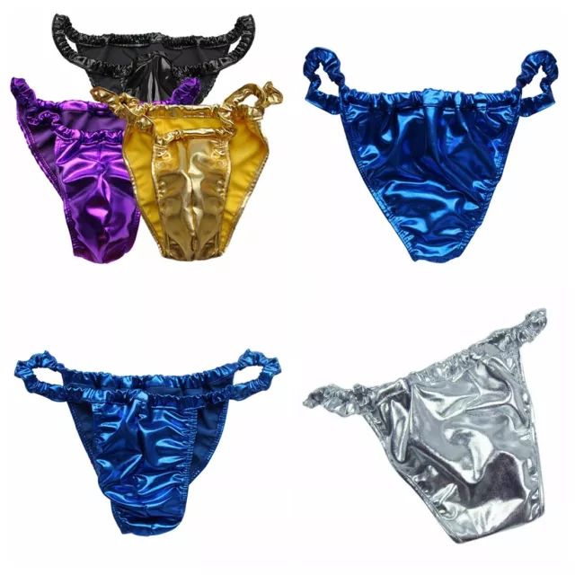 MENS SHINY FAUX Latex Briefs Thong Panty Low Waist Underwear Wet Look ...
