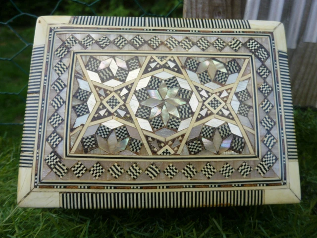 De Colección: Tapa Con Bisagras Caja De Baratijas De Madera Madre De Incrustación De Perlas Mosaico De Marquetería: