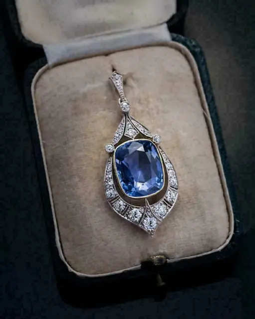 4Ct Cushion Cut Sapphire & Diamond Vintage Art Deco Pendant 14K White Gold Over