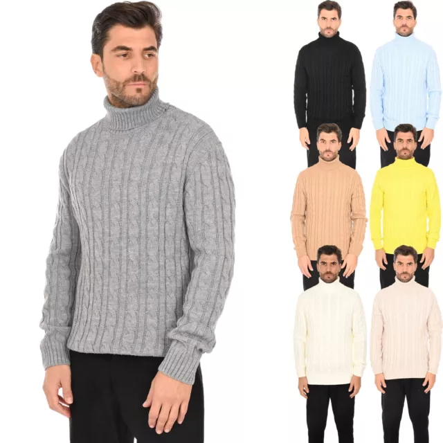 Maglione Uomo Invernale Lana Collo Alto Dolcevita Made in Italy con Trecce Slim