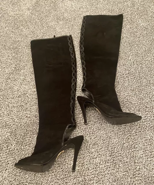 ELIE TAHARI Size 40.5 9 9.5 Black Suede Peep Toe & Heel Over Knee Boots