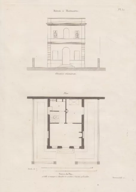 1837 Haus in MONTMARTRE Original Druck Antique Print Architektur Bauzeichnung