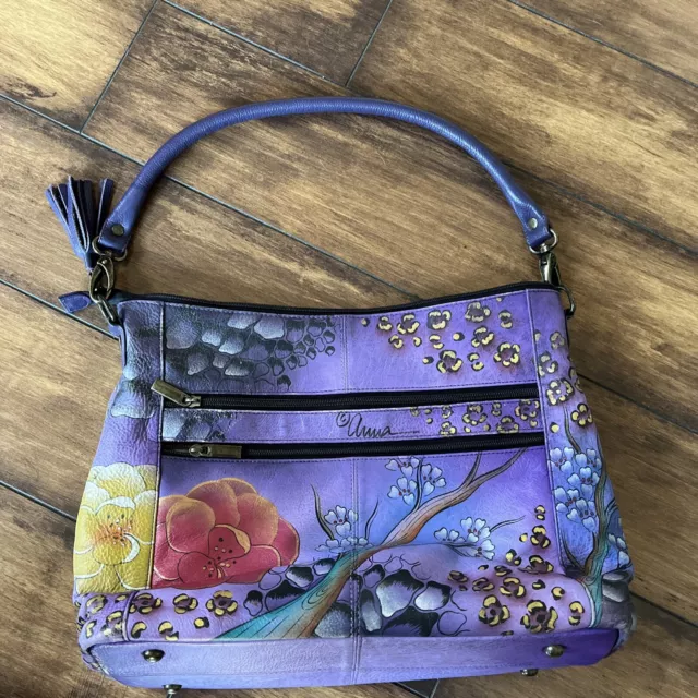 Anna by Anuschka Hand Painted Hobo Leather Shoulder Bag Purple Hibiscus Flowers