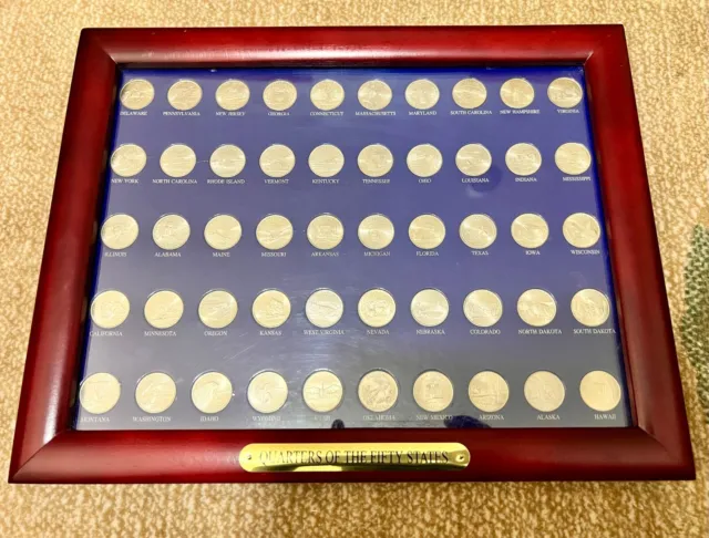 Complete Set Of 50 Usa State Quarters 1999-2008 In A Nice Wood Frame 15X12