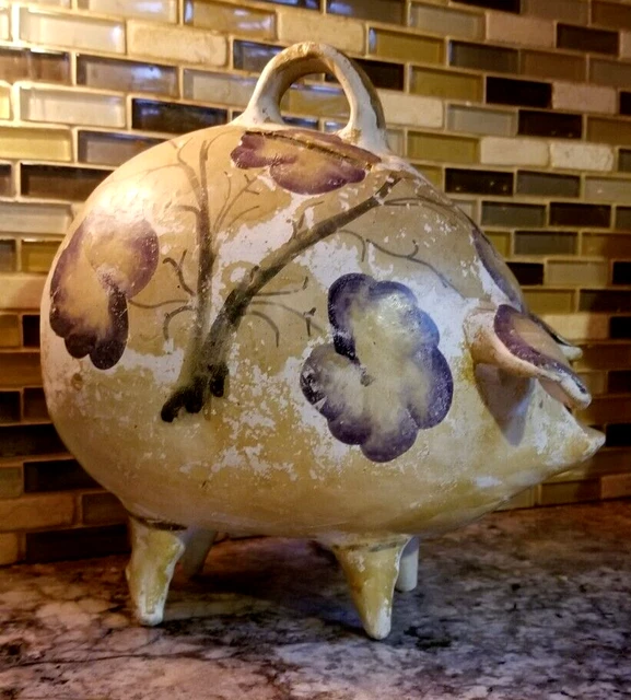 Rustic-Farmhouse-Handmade-Decorative Pig "Piggy Bank" Folk Art "LARGE"  W/Handle