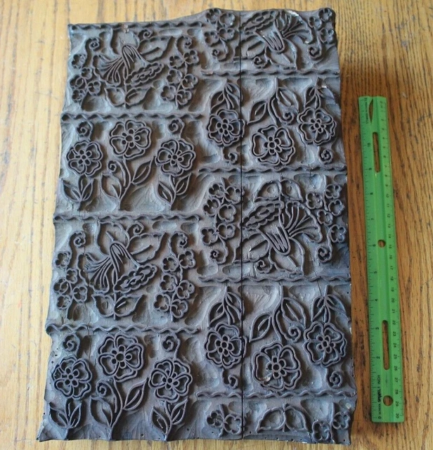 Antique Printing Block Stamp Wooden Hand Carved Textile Floral Wood Large 15"x10