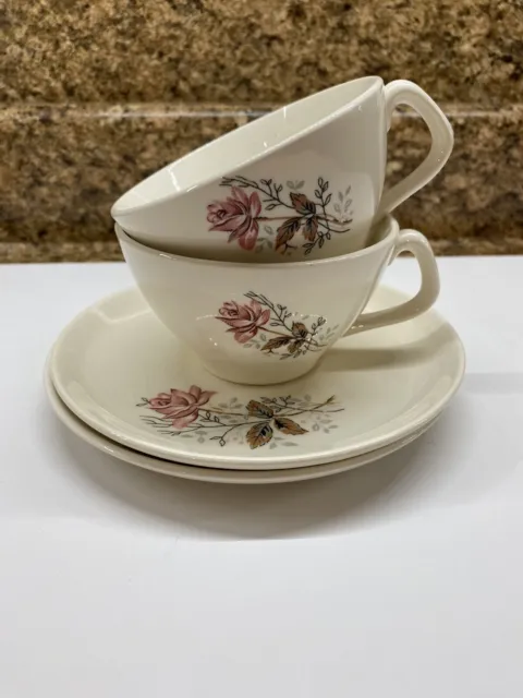 2 Canonsburg Pottery Teacups And Saucers Royal Rose Vintage 50s Dura-Gloss